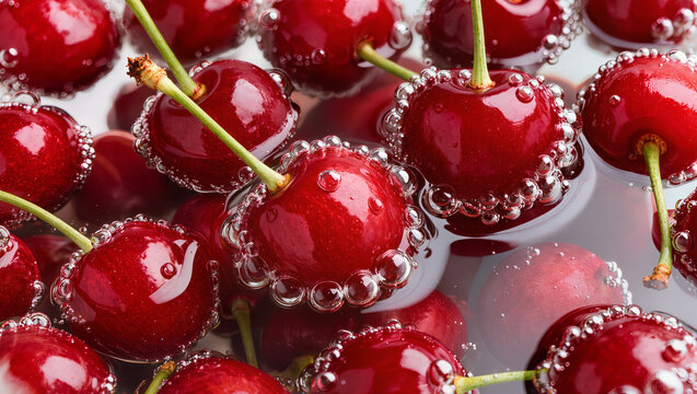Macro of fresh red cherries in sparkling water with bubbles, juicy summer fruit and freshness concept with copy space for text