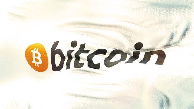 Digital currency symbol printed on a white fabric flag waving in the bright light with waving glowing particles video digital currency logo decentralized investment technology blockchain crypto
