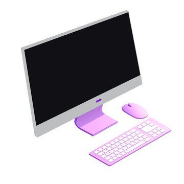 Isometric modern computer workstation with black screen display pink keyboard wireless mouse desktop monitor pc setup