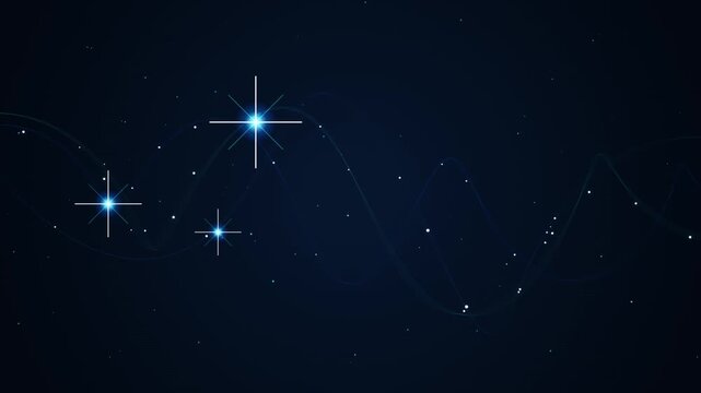 Glowing Blue Stars Moving Across A Dark Space Background With Flowing Digital Waves Motion Graphics