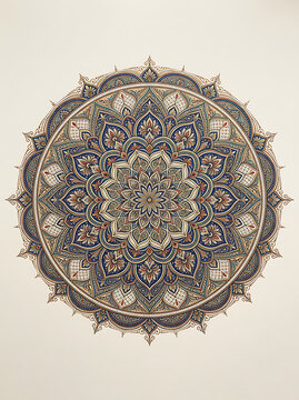 Intricate circular mandala pattern with traditional persian floral motifs on a neutral background