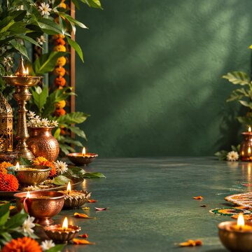 Traditional Indian festive pooja setup with lit brass diya lamps, kalash and flowers on textured green background