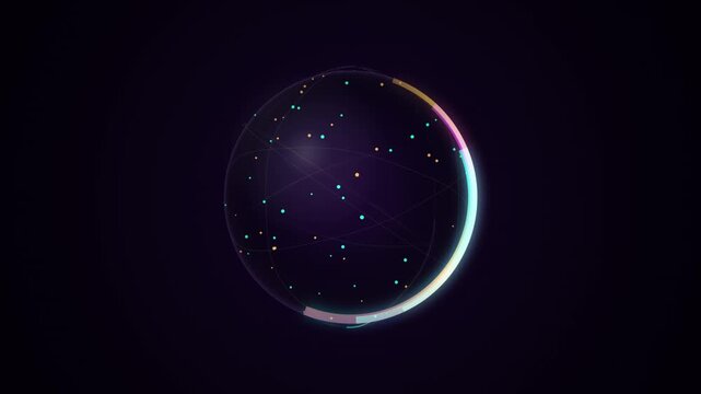 Glowing Digital Sphere Animation With Rotating Orbital Rings And Floating Particle Data Nodes Dark