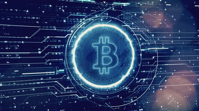 Glowing digital currency symbol centered within a complex abstract blue technology network interface background with symbol pulsing video glowing communication cryptography information electronic