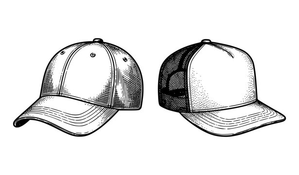 Vintage Baseball Cap and Trucker Hat Engraving Vector Illustration Set