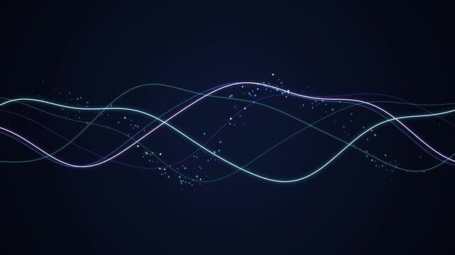 Glowing Neon Wave Lines Motion Background Featuring Flowing Light Particles on Dark Blue Backdrop