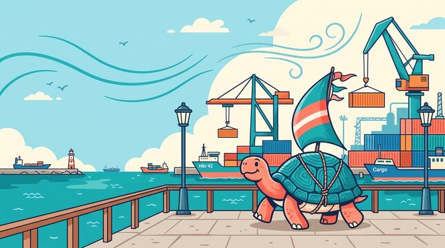 Tortoise sailing sail at cargo harbor illustration