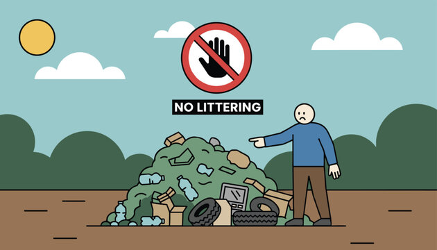 Environmental pollution scene featuring a large pile of garbage and a man pointing towards a strict no littering sign.