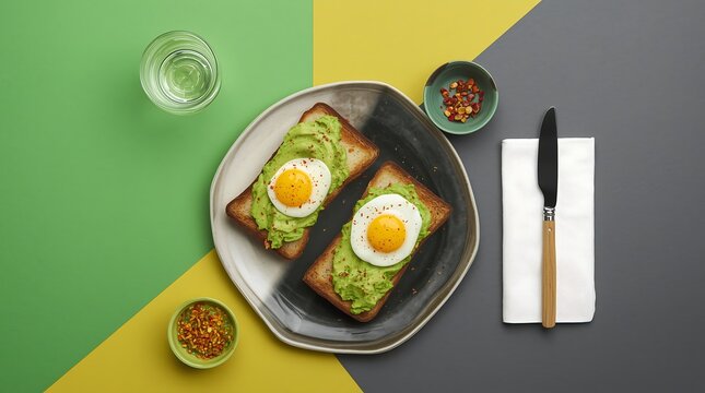 Top view of healthy breakfast avocado toast topped with sunny side up eggs on a ceramic plate with chili flakes and water against a minimalist tri-color green, yellow and grey background.
