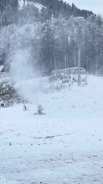 Snow-covered landscape with a ski slope and snowmaking equipment. Trees in the background are dusted with snow. A person is visible in the distance, enjoying winter sports.