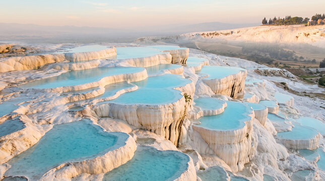 Thermal Travertine Pools with Clear Turquoise Water in Pamukkale Turkey