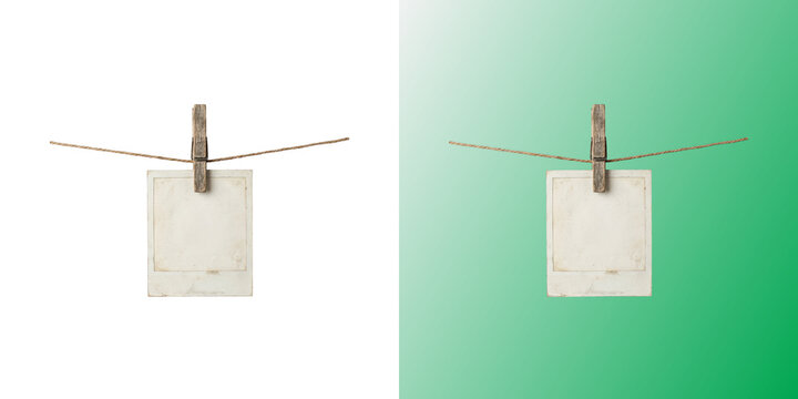 Polaroid photo hanging on twine rope with wooden clothespin