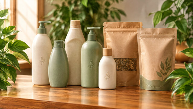 Collection of eco-friendly cosmetic bottles and kraft paper pouches arranged on a wooden workbench