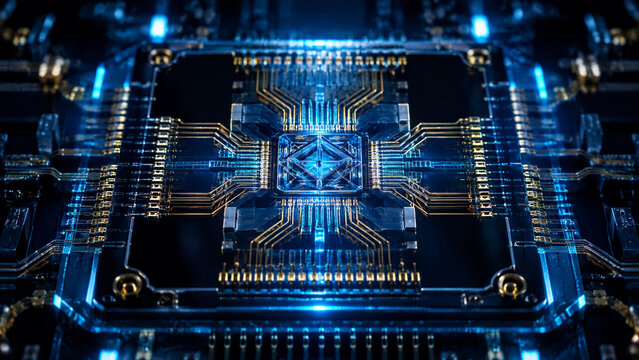 Close up of a quantum processor chip with glowing blue circuitry on a dark motherboard background