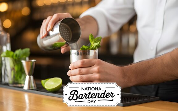 Bartender preparing a cocktail with lime and mint for national bartender day celebration event