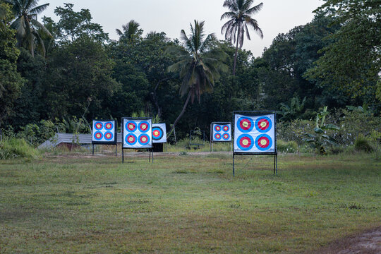 Archery targets set up on outdoor grass field surrounded by tropical trees