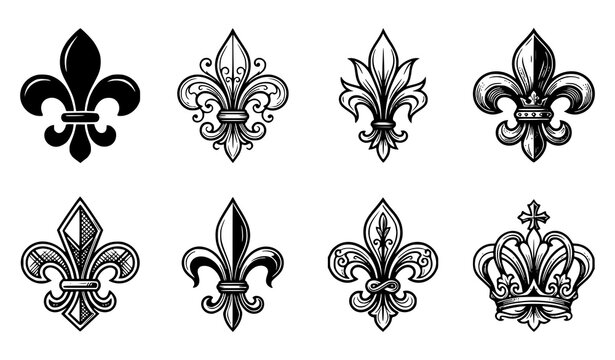 Fleur de Lis Icon Set with Royal Crown Symbols for Vintage Heraldry Graphic Designs Web Icons Luxury Branding Identity Elements and Tattoos