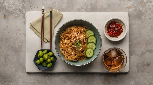 Top view of delicious Asian spicy noodles in a bowl garnished with sesame seeds and cucumber slices, served with chili paste and a cold iced drink on a white board over a rustic background