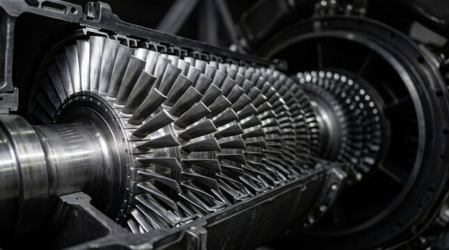 Jet engine turbine blades inside internal aircraft machinery