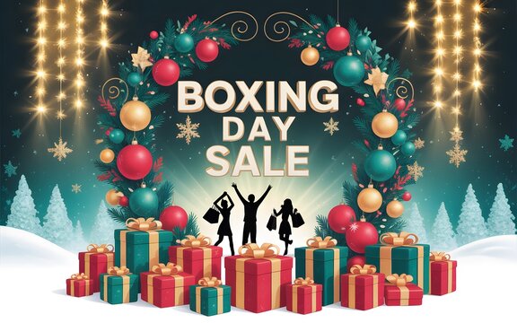 Boxing day sale poster with christmas wreath, ornaments, gift boxes and silhouettes of shoppers