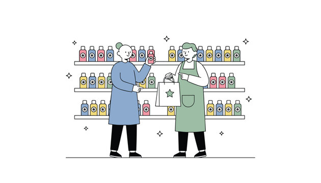 Customer buying organic cosmetics from a friendly seller in a modern store with well organized shelves.