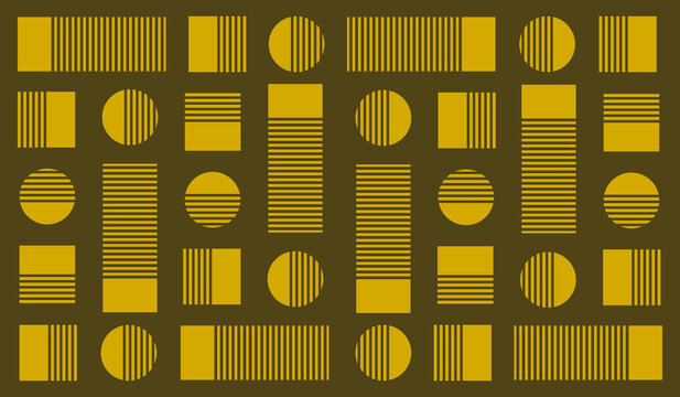 Abstract geometric pattern featuring striped circles, squares, and rectangles in a bold yellow and dark brown color palette