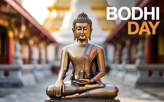 Bronze statue of buddha sitting in meditation pose with bodhi day text in a buddhist temple