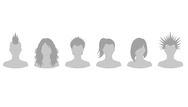 Silhouettes of six human heads displaying diverse creative hairstyles ranging from classic ponytail to punk mohawks.