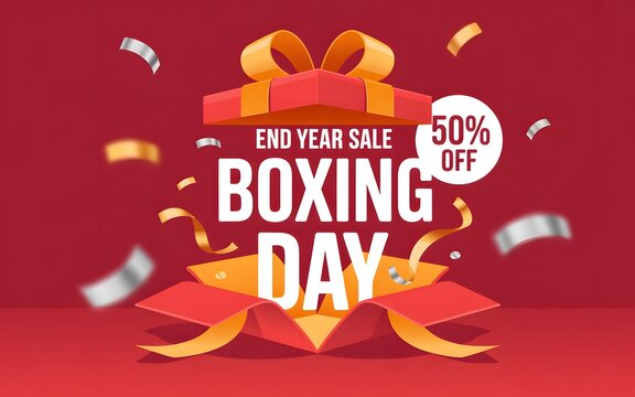 Festive open red gift box with golden ribbons and confetti for boxing day sale event