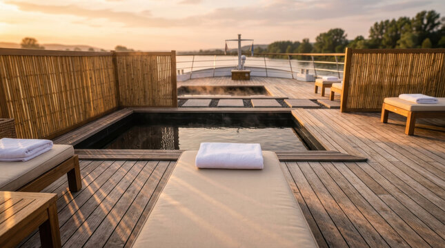 Luxury jacuzzi hot tub on cruise ship deck during calm sunset view