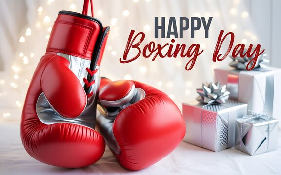 Happy boxing day card featuring red boxing gloves and silver gift boxes with bokeh background