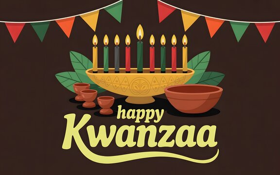 Happy kwanzaa featuring a kinara candle holder, bowls and colorful bunting flags