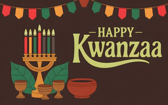 Happy kwanzaa with kinara candle holder, seven candles, bowls and bunting flags holiday