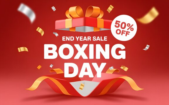 Open red gift box with golden ribbons and confetti for end year boxing day sale event
