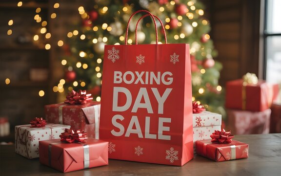 Red boxing day sale shopping bag surrounded by wrapped christmas gifts and bokeh lights