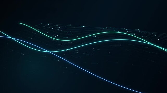 Neon Digital Waves Flowing Abstract Data Lines Background With Glowing Particles On Dark Backdrop