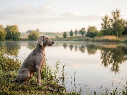 Weimaraner dog sitting by a calm lake at sunrise with reflections.