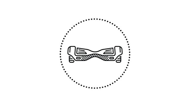Black and white hand drawn sketch of a self-balancing hoverboard electric scooter within a dotted circle.