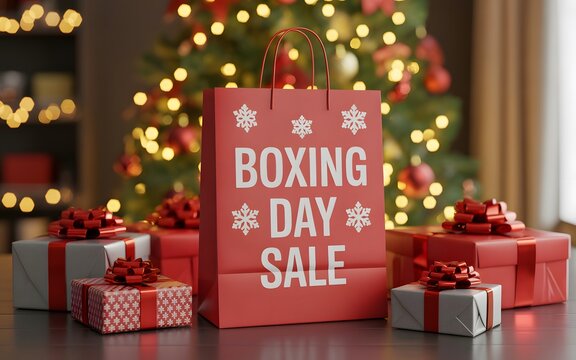 Red boxing day sale shopping bag surrounded by wrapped gift boxes and christmas tree background