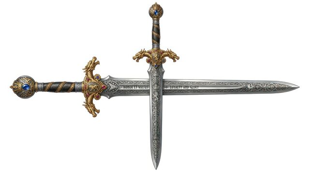 Ornate medieval swords crossing with decorative hilts isolated on white background