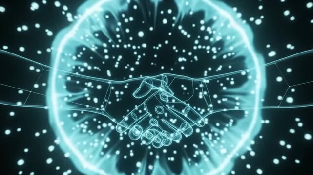 Two futuristic wireframe robot hands shaking hands with glowing energy burst and particle explosion