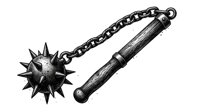 Medieval weapon spiked ball flail isolated black and white illustration