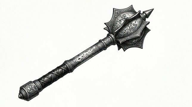 Ornate medieval weapon mace with intricate detailing on white background