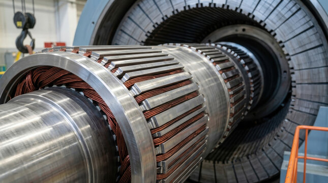 Large electric generator rotor and stator inside industrial factory
