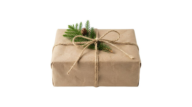 A single kraft paper wrapped gift tied with natural twine and a pine sprig on a plain white background, studio light, photorealistic, no text.