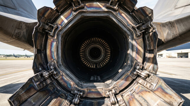 Fighter jet engine exhaust nozzle closeup showing mechanical detail