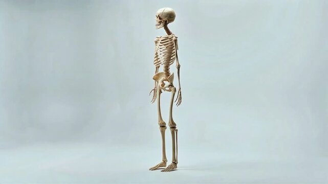 A full-body 3D anatomical model of a human skeleton standing upright against a plain, clean white background for educational and scientific visualization.