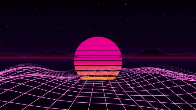 Retro Synthwave Landscape with Glowing Pink Neon Wireframe Grid and Rising Sunset Digital Background