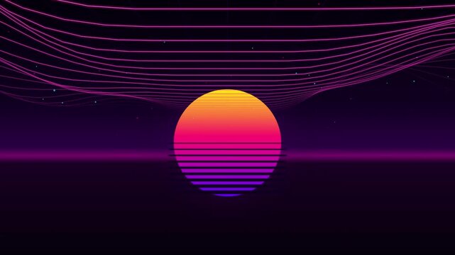 Retro Synthwave Sun Animation with Purple Neon Grid Lines and Floating Particles in Dark Night Sky