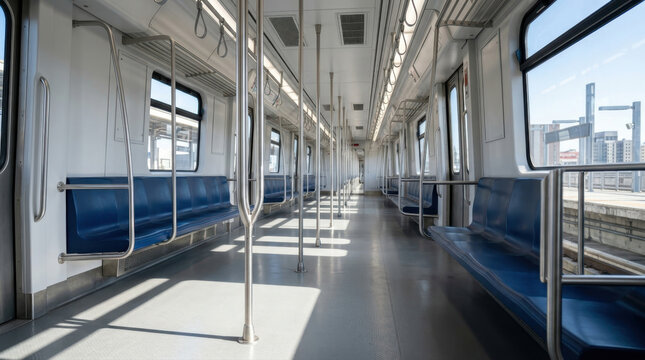 Empty interior of a modern subway train carriage with blue seats